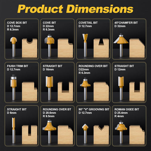12 Set 1/4 Inch 90 Pieces Tungsten Carbide Router Bit Shank for Beginners Woodwork Tools, Including Dovetail, Chamfer