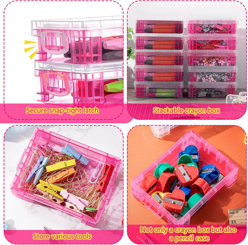 Suzile 12 Pcs Plastic Clear Crayon Box with Lids Stackable Organizer for School Office Supplies