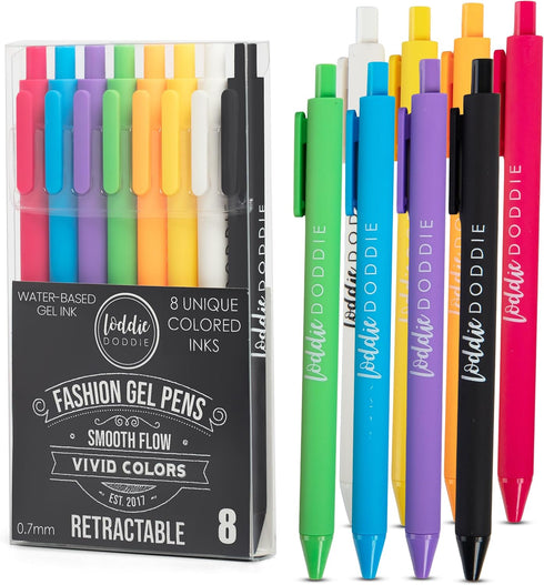 Loddie Doddie Vivid Gel Pens, 8 Pack, 0.7 mm Medium Point Smooth Writing Retractable Pens, No Bleed