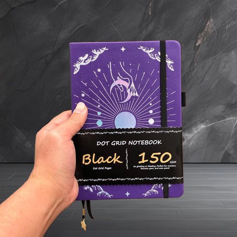 BUKE Dotted Journal, 150gsm Black Paper, 5 * 5mm DOT GRID Layout, 160 Pages, A5 PU Leather Hardcover (Purple)
