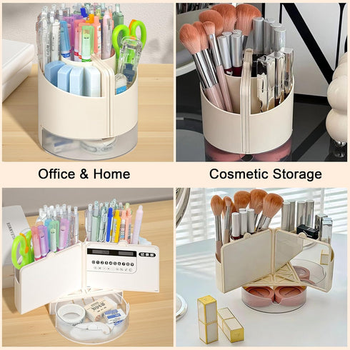 Desk Pencil Pen Holder with Calculator & Mirror, 7 Slots, 180° Opening, Desktop Storage for Office, School, Home, Art