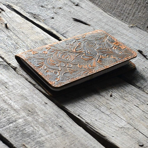 JJNUSA Distressed Leather Checkbook Journal Cover, Vintage Refillable Notepad, 3.5" x 5.5", Flower Brown