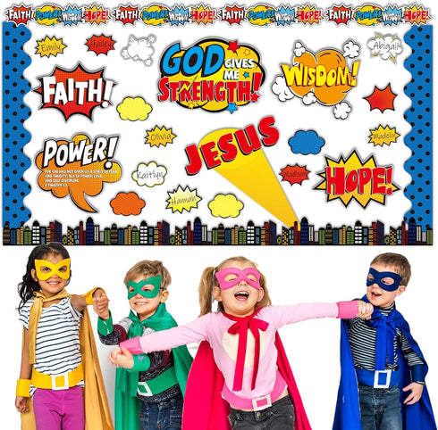 Religious Hero Bulletin Board Set, Super Theme Hero Jesus Cutouts for Sunday School Classroom Decor