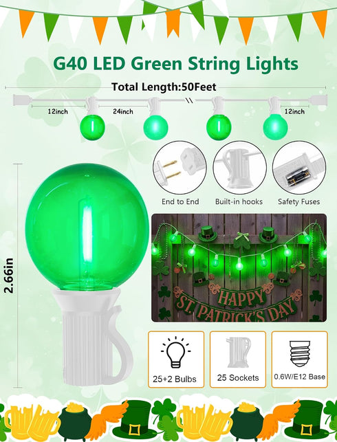 50FT G40 27 Bulbs, LED Outdoor Globe String Lights, St. Patrick's Day Decorations Lights Outdoor with Shatterproof