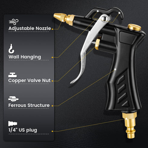 Industrial Air Blow Gun with Adjustable Brass Air Nozzle, Premium Air Blower Gun with 2 Pcs Steel Air Flow Extensions and 1/4" NPT Standard Quick Plug, Pneumatic Air Compressor Accessory Tool