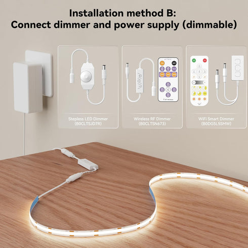20ft/6.1m,CRI 90+ 4000K DC24V MIWISE COB LED Strip Natural White High Lumen Super Bright Flexible LED Tape Light