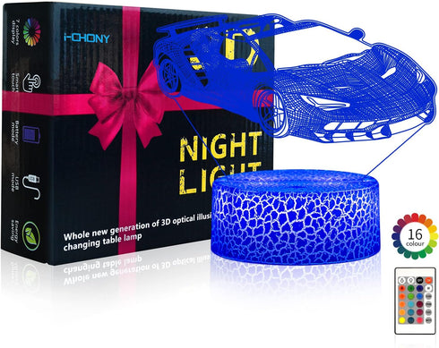 3D 16 Dimmable i-CHONY Sport Car Night Light,Race Car Optical Illusion Lamp,with Remote & Smart Touch Colors Bedroom