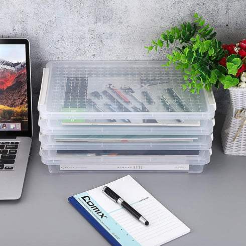 BTSKY 4 Pack A4 Plus Clear Plastic Stackable Storage Box, Desk Paper Magazine Container with Buckle for Organizing