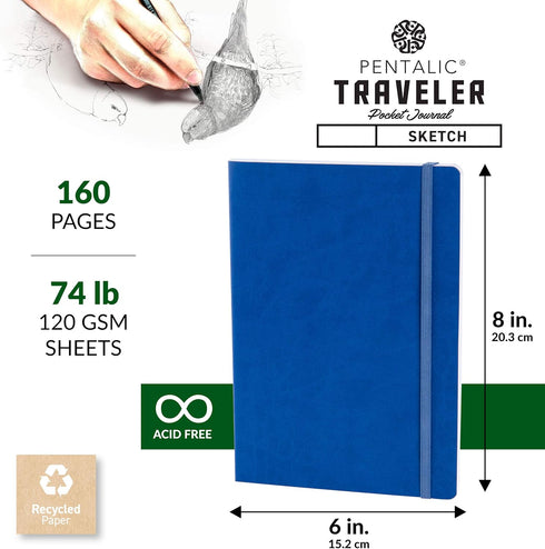 Pentalic 6" x 8" Royal Blue Pocket Sketchbook Traveler Journal, 160 Pages