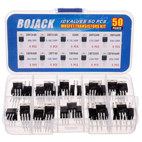 BOJACK 50 Pcs IRF Series Transistors MOSFET Assortment Kit - IRFZ44N IRF510N IRF530N IRF540N IRF640N IRF740