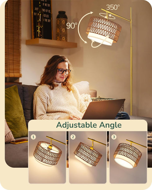 Dimmable Bulb, EDISHINE Rattan Arc Floor Lamp with Remote, Gold Farmhouse Standing Lamps for Living Room, Rattan