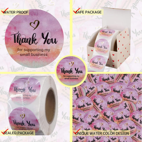 Thank You Stickers for Small Business – Watercolor Gold Foil Design – 1.5" Round, 400 Waterproof Labels/Roll – Modern