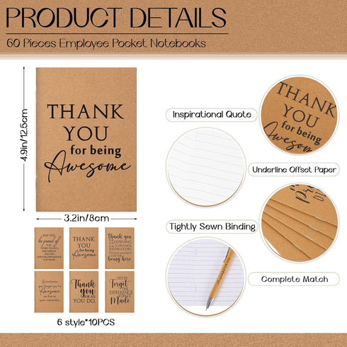Teling 120 Pcs Inspirational Small Journals, Bulk Kraft Notepads with Motivational Bamboo Pen for Teacher Nurse Gifts