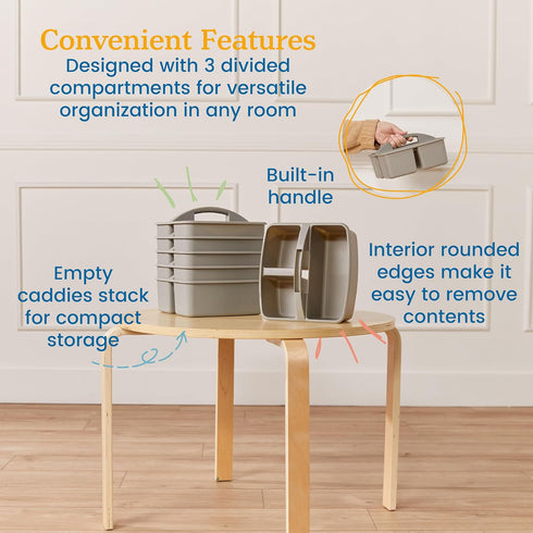 ECR4Kids 3-Compartment Storage Caddy, Grey Supply Organizer, 6-Pack for Classroom and Office Organization