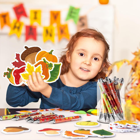 Pasimy 24 Set Fall Sticky Notes and Pens - Classroom Gifts, Thanksgiving Pens, Pumpkin Maple Leaf Notepads (Orange,