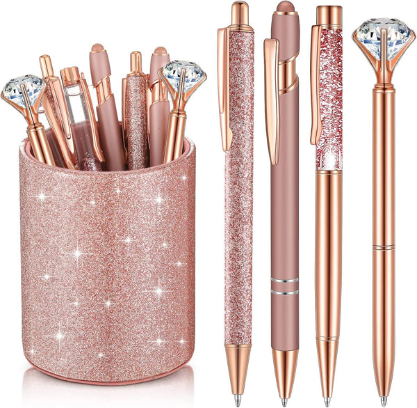Sabary 8 Pcs Ballpoint Pens with Pen Holder for Desk, Metal Crystal Diamond Pen Glitter Pencil Holder, Fancy Pens Black