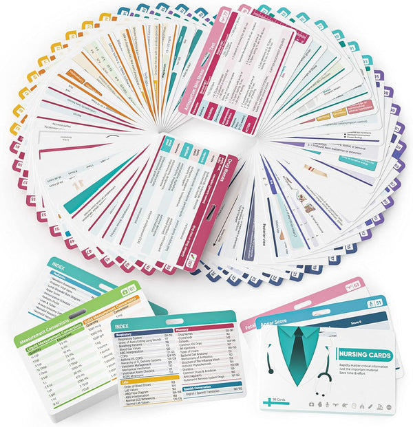 Nano Shield 96 Nursing Badge Reference Cards, Nursing School Essentials Set Lab Values EKG Spanish Translation