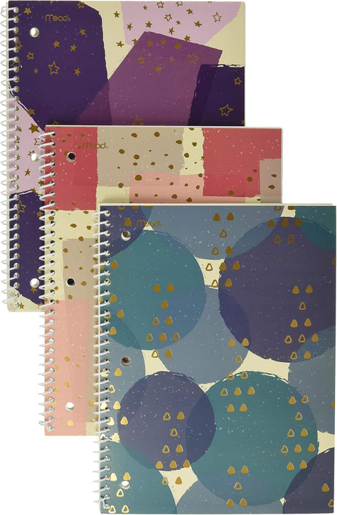 Mead Spiral Notebooks, 1 Subject, College Ruled, 70 Sheets, 10-1/2" x 7-1/2", Shape It Up, Design May Vary, 3 Pack