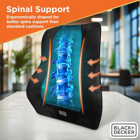 BLACK+DECKER Memory Foam Lumbar Support Pillow with Cooling Gel High Back Lumbar Cushion for Office, Car, Wheelchair