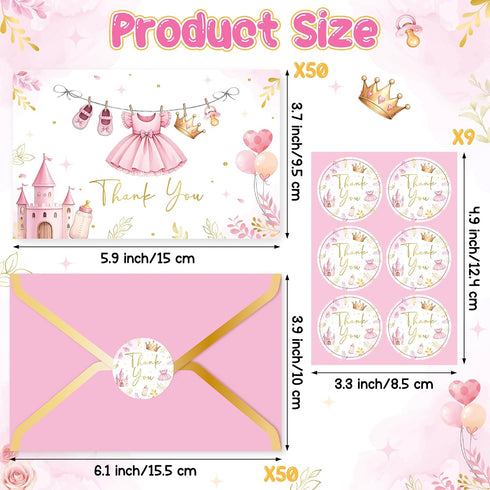 50Pcs BeYumi Princess Baby Shower Thank You Cards with Envelopes Sticker Pink Dress Blank Note Card Greeting Card Bulk