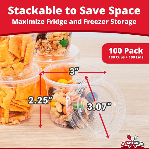 5.5oz 100Pk. Leakproof BPA-Free Souffle Cups and Lids Stackable Portion Containers for Sampling, Salad Dressing
