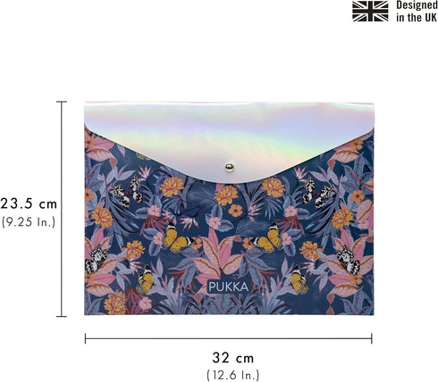 Pukka Pad Bloom A4 Stud Wallets, File Storage Folder, 12.6 x 9.25in, Pack of 3, Assorted Floral Designs