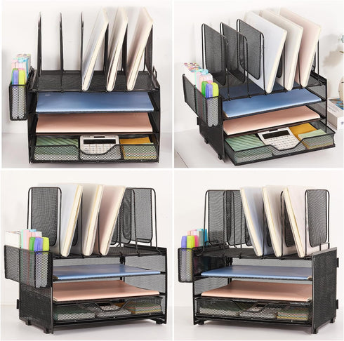 Desk Organizers and Accessories, 3-Tier Paper Organizer with 5 Vertical File Holders, File Organizer for Desk with
