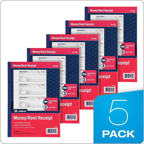 Adams 3-Part 7-5/8" 10-7/8", 100 Sets 4 5 Pack (TC1182-5) Money and Rent Receipt Books, Carbonless, x Bound Wraparound