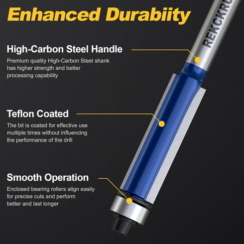 Set, 1/4 Inch Trimming, 1-3/16", 3/8" Professional Flush Trim Router Bit Shank Bottom Bearing, Carbide Tipped