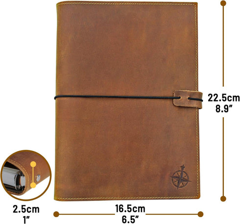 Refillable A5 Leather Binder Journal - 8.5x6" 6 Ring Organizer with Pockets, Hand-Crafted Genuine Leather Folio