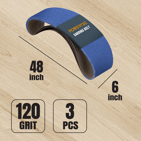 POWERTEC 6 x 48 Inch Zirconia Sanding Belts - 120 Grit for Bench Sander, Woodworking, 3PK