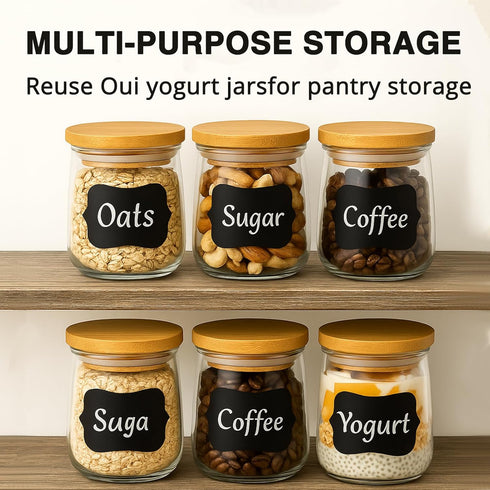 JINUYYNA 6 Pack 5 oz Natural Bamboo Oui Yogurt Jar Lids with Silicone Sealing Rings and Label for Glass Jars, Reusable
