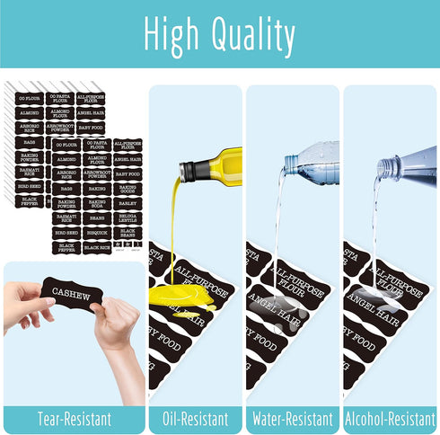 Hebayy 308 Pantry Food Labels, 280 Preprinted Waterproof Stickers for Kitchen Containers, 28 Blank Ones, White on Black