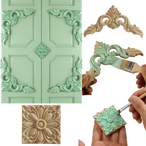 Nsrisml 5Pcs (8x8cm/3.15"x3.15") Wood Carved AppliquesOnlays Unpainted Wooden Corner Carving Decals for Mirrors