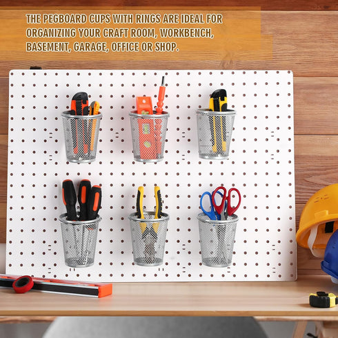 Spakon 6 Sets Pegboard Cups with Ring Hooks, Metal Pencil Holder for Desk Classroom Office Garage Workshop