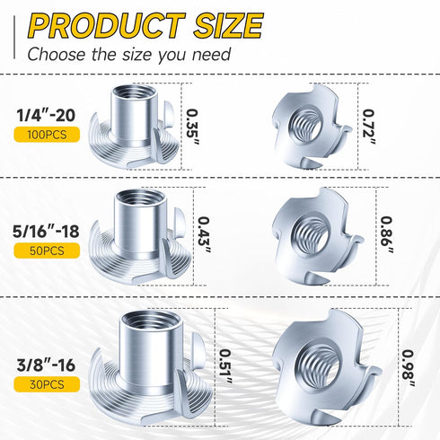 MYWISH 180Pcs 1/4-20 5/16-18 3/8-16 4 T-nut Assortment Kit, Pronged T Blind T Nut Zinc-Plated Alloy Steel, Wood