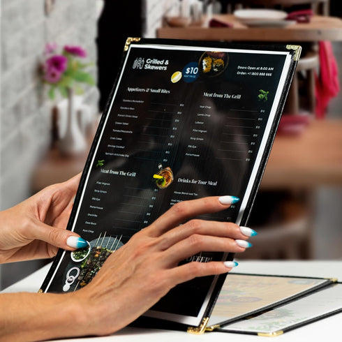 25 8.5'' 11'', Restaurant Menu Covers x Double Stitched Single Pocket Menu Holder with Golden Corners, Clear Viewing