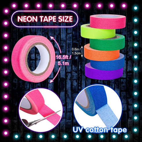 Whaline 6 Colors Neon Gaffer Cloth Tape - Fluorescent UV Blacklight Tape for UV Party (0.6 inch x 16.5 feet)
