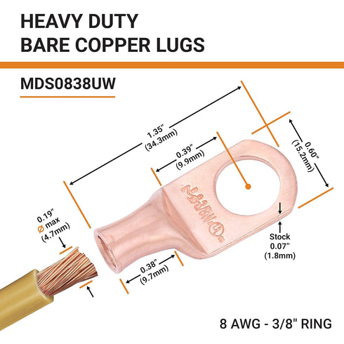 SELTERM 10pcs 8 AWG - 3/8" Stud Battery Lugs, Heavy Duty Wire Lugs, UL Bare Copper Eyelets Electrical Terminal