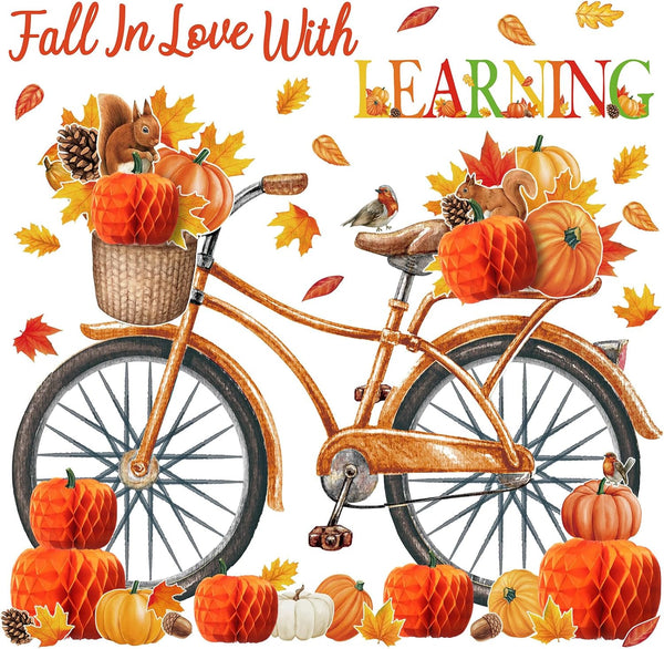 Blosssound Fall Bulletin Board Decorations Set, Autumn Cutouts, 3D Honeycomb Paper Pumpkin Maple Leaf for Thanksgiving