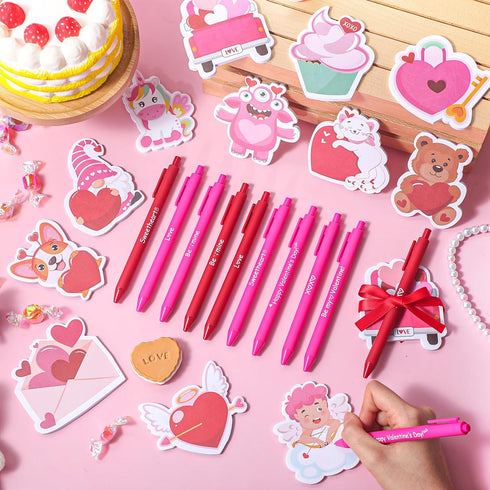 Pasimy 24 Sets Valentines Day Sticky Notes with Pens - Stationery Gift Notepads for Students Office School Class