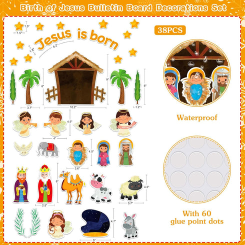 WaaHome Jesus is Born Bulletin Board Decorations Set, 38pcs Nativity Scene Cutouts for Christmas Classroom Decor