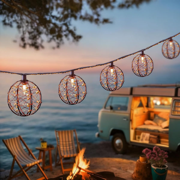 8.5Ft Outdoor Decorative Patio Lights, 10L Beaded Copper Wire Ball Style Lantern
