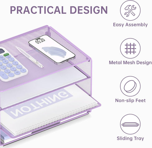 DALTACK 3 Tier Mesh Metal Letter Tray Paper Organizer for Home & Office, Light Purple