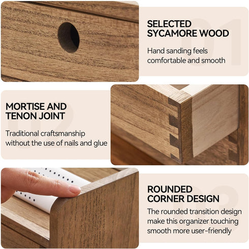 KIRIGEN Desk Organizer with 3 Drawers, Dark Brown Wooden Storage Box for Office Supplies and Toiletries