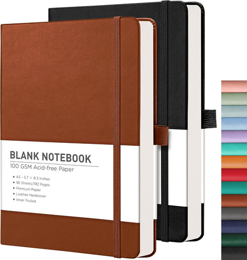 RETTACY Blank Journal Notebook 2-Pack, A5 Sketch Book with 192 Pages, 68 LB/100 GSM Acid-free Paper, Leather Hardcover.
