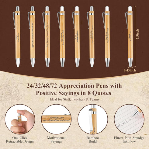 Zowekto 48 Set Employee Graduation Appreciation Gifts Bulk Inspirational Bamboo Pens with Thank You Cards, Motivation