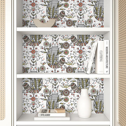 17.7''x354'' VEELIKE Boho Cat Wallpaper Peel and Stick Cat Themed Floral Wallpaper for Nursery Playroom Kids Room