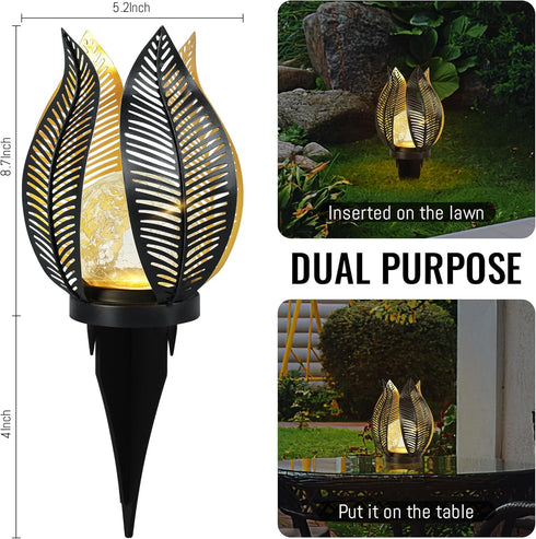 Solar Garden Lights Waterproof Decorations,Crackle Globe Glass,Metal Palm Leaf Solar Lights for Outdoor Decor On