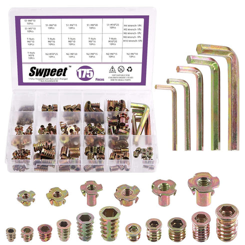 Swpeet 175Pcs M4 M5 M6 M8 M10 Metric Carbon Steel Color Zinc Plated Threaded Inserts Nuts and T-Nut 4 Pronged Tee Blind